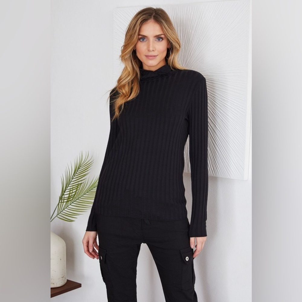 (81605-BLK) LONG SLEEVE TURTLENECK RIB KNIT TOP